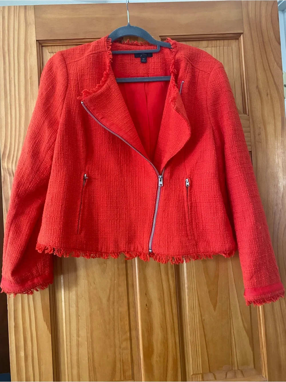 J.Crew Size 16 Vibrant Red/Orange Tweed Fringe Moto Jacket Asymmetrical Zip